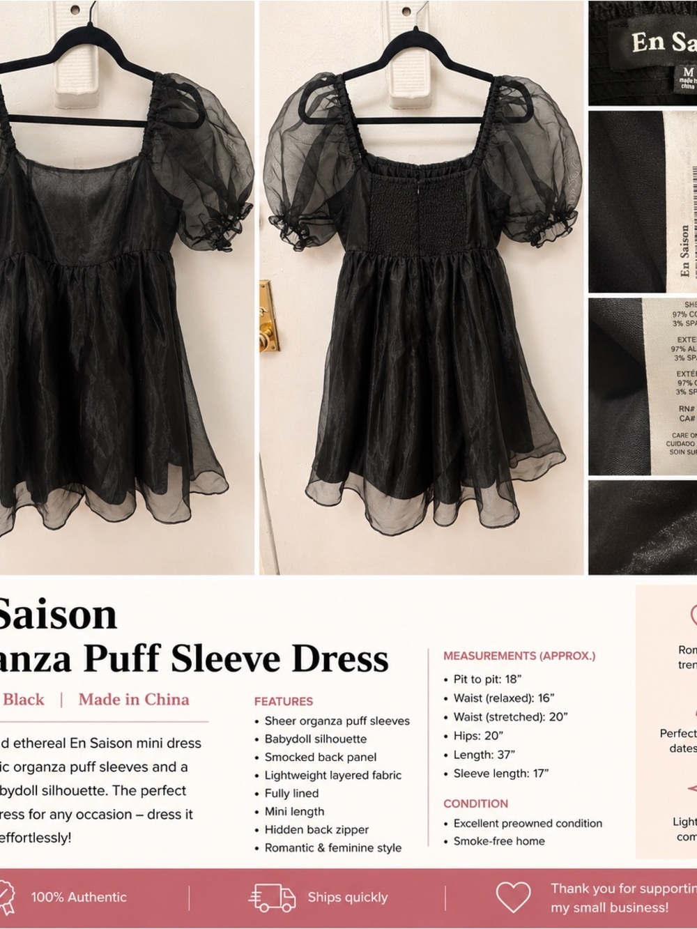 En Saison Black Organza Puff-Sleeve Babydoll Tunic